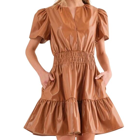 Simply Southern Faux Leather Fawn Brown Short Sleeve Dress Size XL - Picture 2 of 11